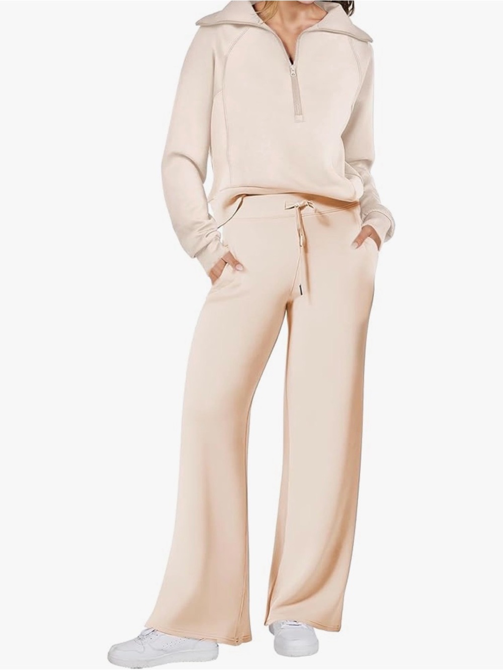 Set Wide-Leg Drawstring Pants and Half Zip sweatshirt
